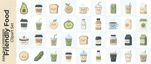 Kawaii Food and Drink Vector Icon Set with 40 Friendly Characters. Flat Design Illustration in Modern Neutral Palette. Cute Avocado, Coffee, Toast, Milk, Smoothie, and Fruit Icons for Web and Apps.