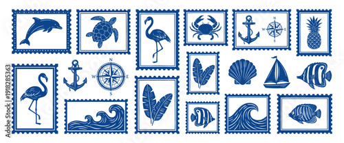Tropical sea stamp set with dolphin and flamingo