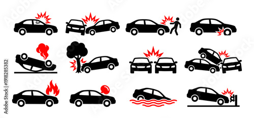 Car crash icon set with accident and collision