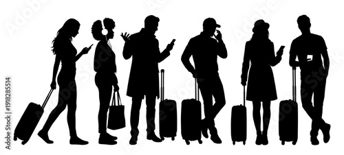 Traveler people silhouette set with suitcase and smartphone
