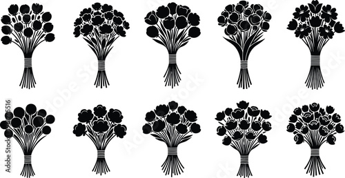Flower bouquet silhouette set with ribbon‑tied arrangements of diverse blossoms and foliage, vector artwork