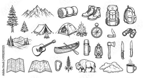 Camping and outdoor adventure hand drawn icon set