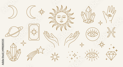 Esoteric and celestial magic symbol set with sun