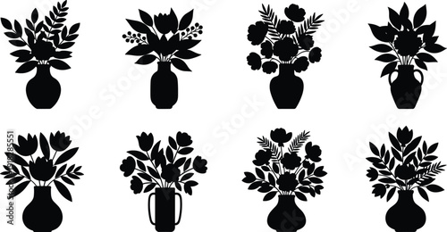 Flower vase silhouette set with diverse floral arrangements and foliage designs, vector artwork