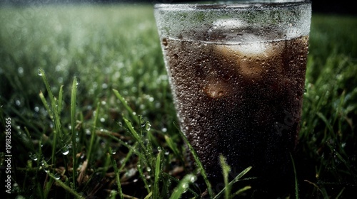 Cold Iced Cola In Dewy Grass With Condensation Drops On Glass For Refreshing Summer Drink