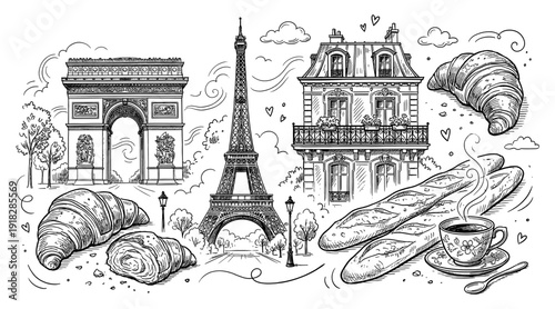 Paris landmark doodle set with Eiffel Tower and Arc de Triomphe
