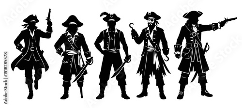 Pirate captain silhouette set with sword and pistol