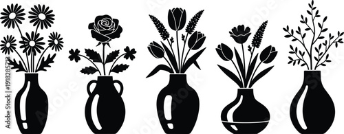 Flower vase silhouette set with daisy, rose, tulip, and leafy branch arrangements, vector artwork