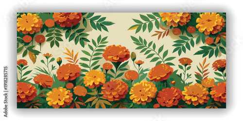 A panoramic, top-down view showcases a garland composed of vibrant orange marigold flowers interspersed among rich green leaves, set against a stark white background. The marigolds, fully bloomed and 