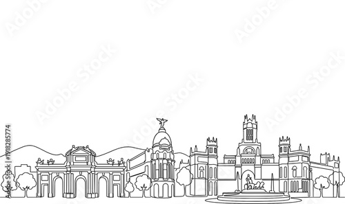 Madrid Spain City Skyline Monoline Vector Background
