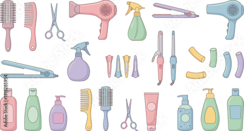 Pastel hair care and styling tool set with brushes, dryers, irons, clips, rollers, and product bottles.