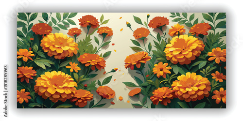 A panoramic, top-down view showcases a garland composed of vibrant orange marigold flowers interspersed among rich green leaves, set against a stark white background. The marigolds, fully bloomed and 