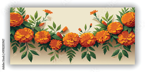 A panoramic, top-down view showcases a garland composed of vibrant orange marigold flowers interspersed among rich green leaves, set against a stark white background. The marigolds, fully bloomed and 