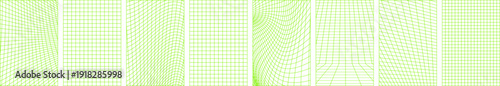 Distorted grids set isolated on transparent background. Neon green vertical backgrounds collection. 90s, 2000s futuristic wireframe, vaporwave clip art. Modern retro vector illustration 