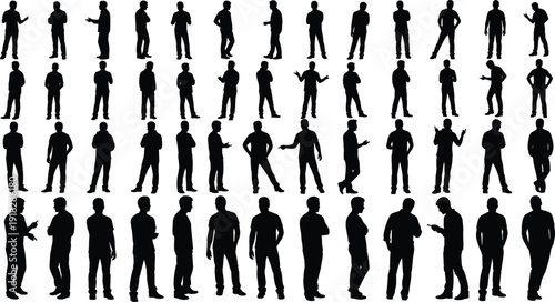 Standing human silhouette set with diverse gestures, stances, and body language poses, vector artwork