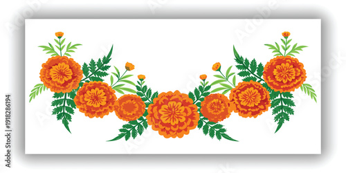 A panoramic, top-down view showcases a garland composed of vibrant orange marigold flowers interspersed among rich green leaves, set against a stark white background. The marigolds, fully bloomed and 