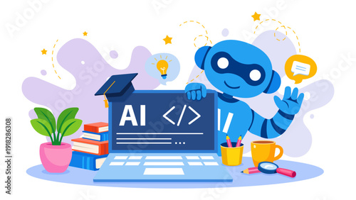Artificial intelligence robot with laptop showing coding interface. Ideal for programming courses, SaaS platforms, tech websites, app UI, digital marketing