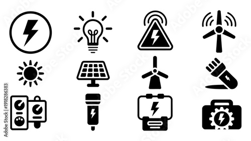 Vector set featuring solar panels, wind turbines, and battery symbols for energy efficiency, sustainable power generation, and green technology solutions.
