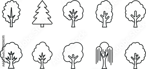 Monochrome Arboreal Pictograms in Minimalist Line Style. Graphic Design Toolkit. Structural Nature Theme