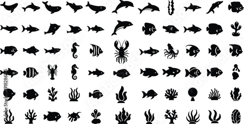 Icon set of marine animals and underwater plants including fish, dolphins, squids, and coral for ocean-themed visuals