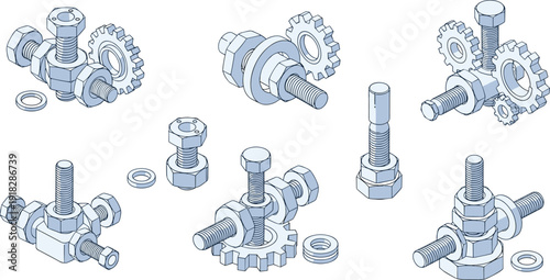 Technical illustration of mechanical assemblies with bolts, nuts, washers, and gears, engineering vector artwork 