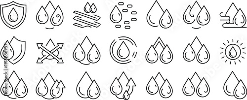 Water drop icons, fluid symbol set, clean line style, liquid protection, droplet illustration, waterproof symbols, minimal hydration graphics