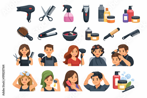 Hairdressing and Hair Care Icons Set – Flat Design Salon Tools and Hairstyling Characters