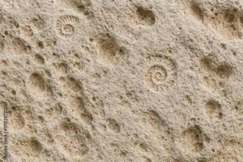 Macro texture of sedimentary limestone with round holes and ancient fossil traces