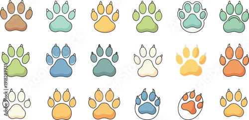 Vibrant Domestic Track Marks in Playful Pigmented Tones. Veterinary Clinic Decor. Pet Ownership Concept