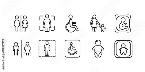 WC and restroom outline icon set with toilet seat, washing sink, shower, urinal, tissue roll, , bucket, family sign , hygiene symbol, public bathroom and more vector illustration with editable stroke.