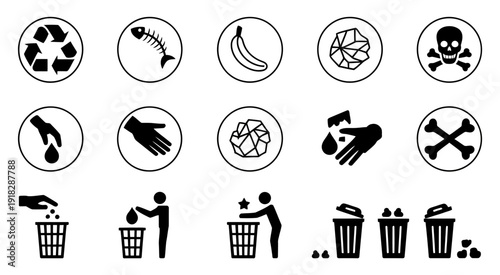 Comprehensive set of black and white recycling symbols and disposal icons for sustainable sorting, environmental infographics, and professional garbage management.