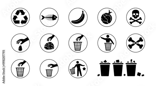 Comprehensive set of black and white recycling symbols and disposal icons for sustainable sorting, environmental infographics, and professional garbage management.