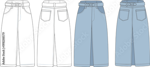 Wide leg denim pants front and back view, flat sketch, belt detail, cad drawing, vector fashion template, clothing technical illustration