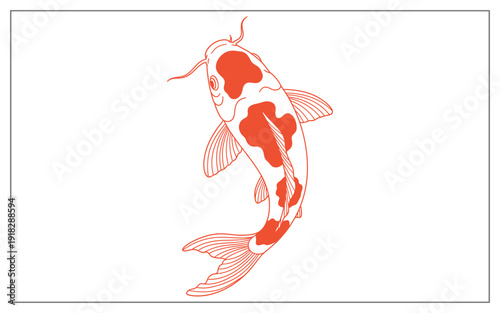 Illustration of a Koi Fish with Orange Spots, Top View of a Japanese Carp Swimming, Traditional Asian Style Pond Life Graphic on White