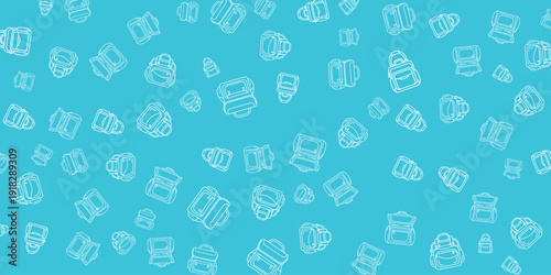 Randomly arranged food icons on a vibrant blue background from a top view