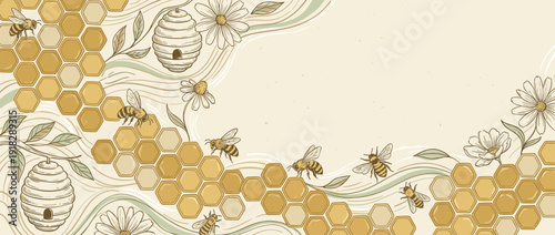 Panoramic vector banner illustration of a beekeeping theme featuring honeycomb patterns, flying honey bees, beehives, and delicate flowers on a vintage beige background with copy space for text.