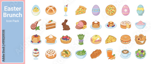 Vector icon set of 24 Easter brunch foods in flat design with pastel colors. Features deviled eggs, hot cross buns, mimosa, quiche, chocolate bunny, ham, pancakes, waffles, fruit tart, eggs benedict,