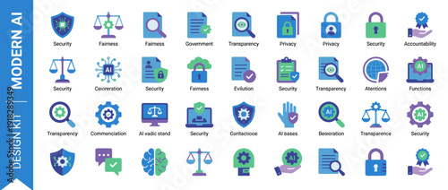 Set of 32 Modern AI Governance and Ethics Icons in Flat Design. Vector Illustration Featuring Security, Privacy, Transparency, Fairness, and Accountability Symbols for Artificial Intelligence Tech.