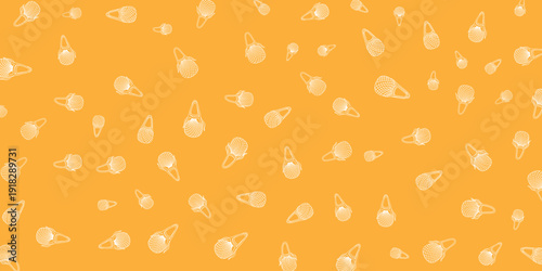 Musical notes and symbols scattered on vibrant orange background, viewed from directly above, creating lively illustration