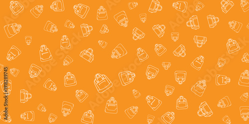 A vibrant orange background featuring a pattern of white food illustrations from a top-down viewpoint