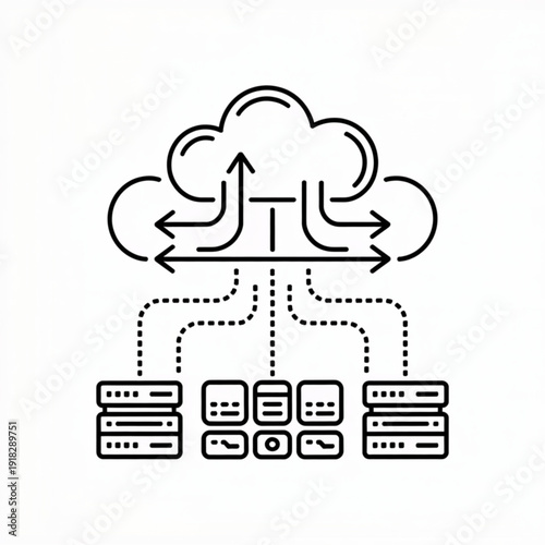 Cloud Computing Icon with Data Flow Arrows and Server Stacks