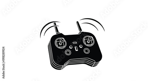 Drone remote controller with antennae and joysticks for flying quadcopter or UAV device in aerial photography or videography applications