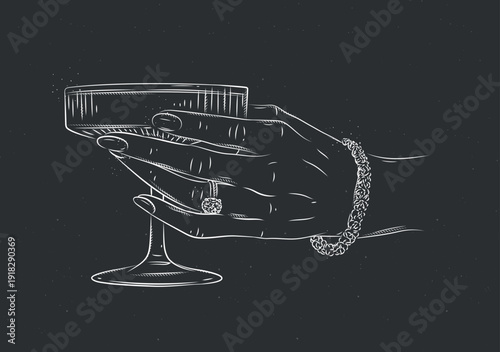 Hand with diamond ring and bracelet holding champagne glass drawing in graphic vintage style on black background