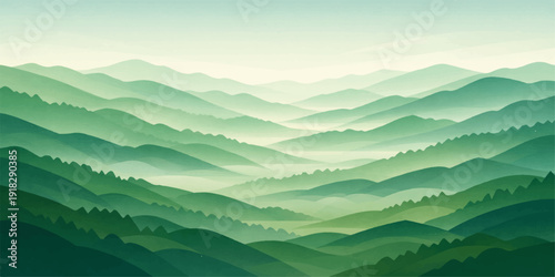 Misty mountain landscape at sunrise featuring snow-capped peaks and a forest valley under a blue sky with clouds and horizon silhouettes