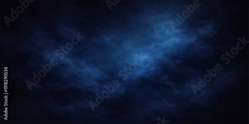 An abstract dark blue smoke background features a stormy night sky texture with black clouds and a faint lunar light backdrop