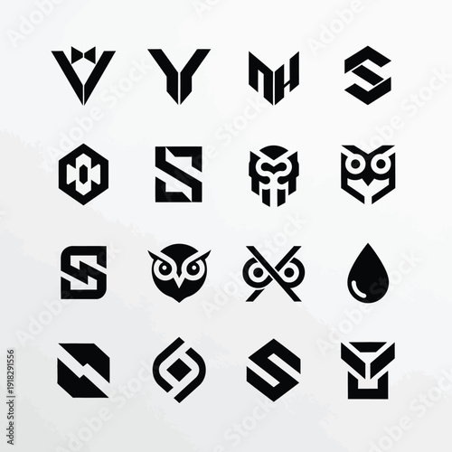Collection of 16 unique logos and icons