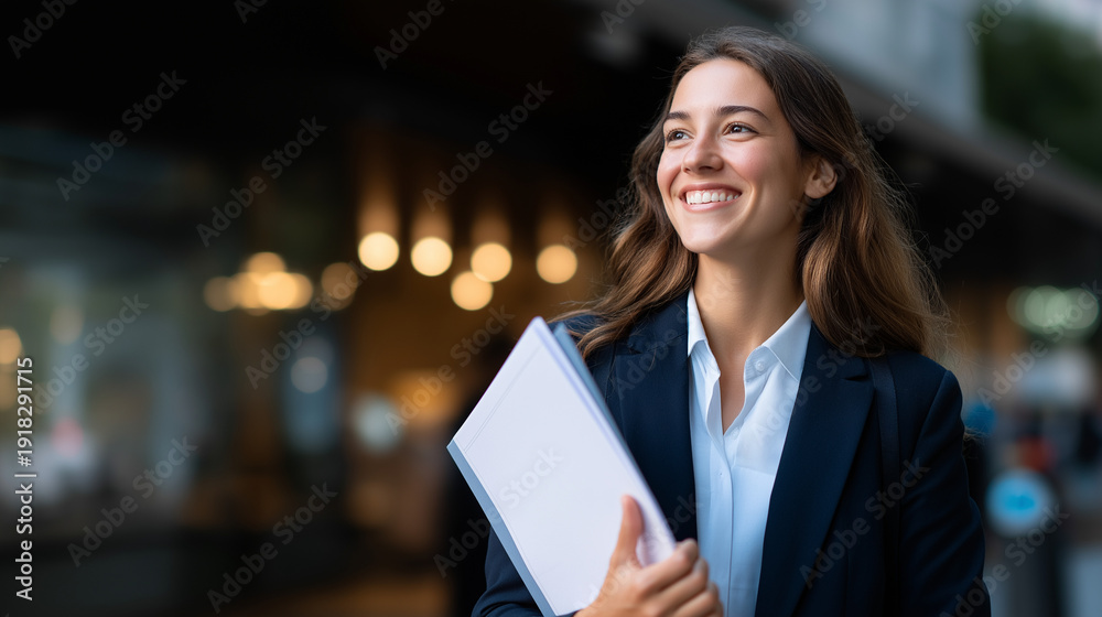 Fototapeta premium Happy faceless businesswoman holding folder smiling young professional in formal wear holding papers and looking aside on street professional occupation concept urban business