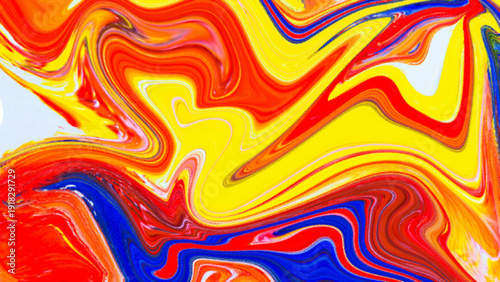Vivid abstract liquid art with red blue and yellow paint creating a vibrant swirling pattern