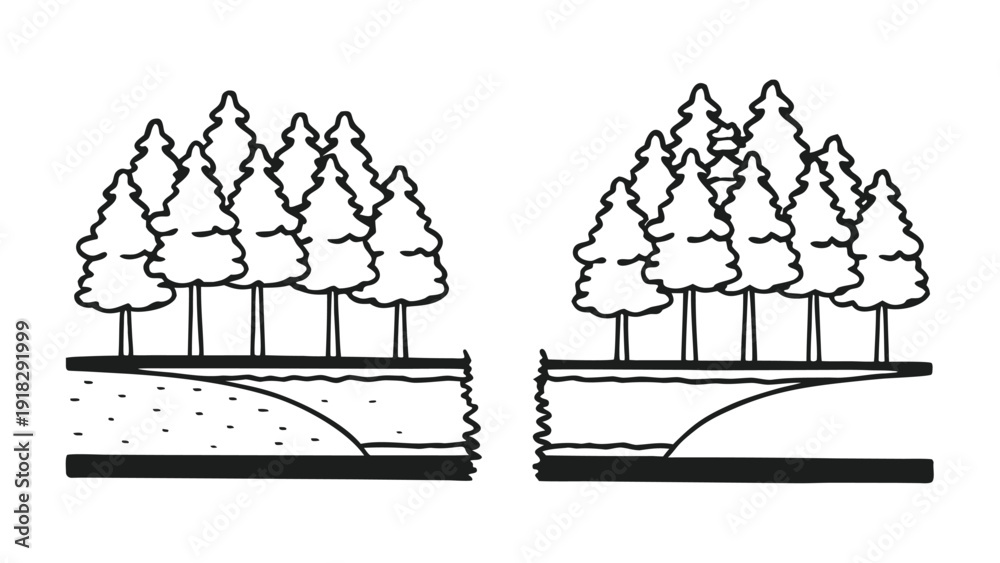 Naklejka premium Minimal Architectural Tree Line Drawing, Wetland Forest Section Side View Vector