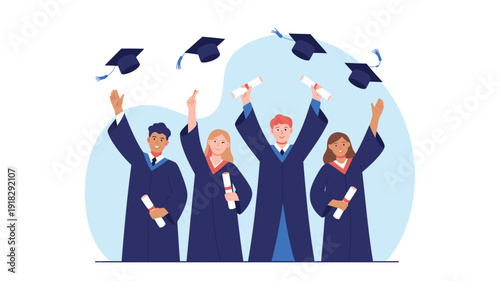 Illustration of graduates in gowns throwing caps in the air, celebrating achievement